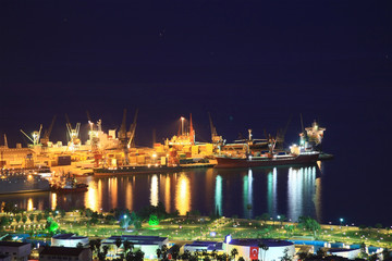Fototapeta na wymiar Industrial sea port of Mersin at night. Turkey