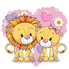 Naklejka premium Two Lions on a background of heart