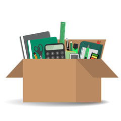 Office accessories in a cardboard box isolated on a white background. There is a calculator, folders, scissors, a ruler, a pen, a marker and other stationery in the picture. Vector illustration