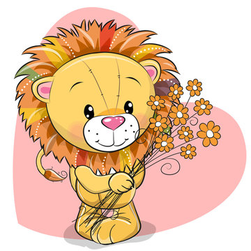 Greeting card cute Lion with flowers