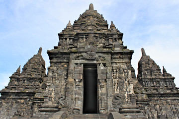 Sewu Temple is the second largest Buddhist temple complex in Java; built in 8th century; blue sky with white clouds