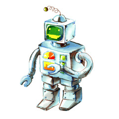 Naklejka premium cartoon watercolor doodle robot