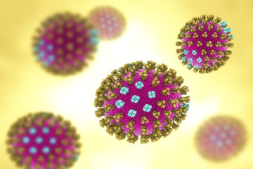 Influenza virus, Michigan strain. 3D illustration showing surface glycoprotein spikes hemagglutinin green and neuraminidase blue 