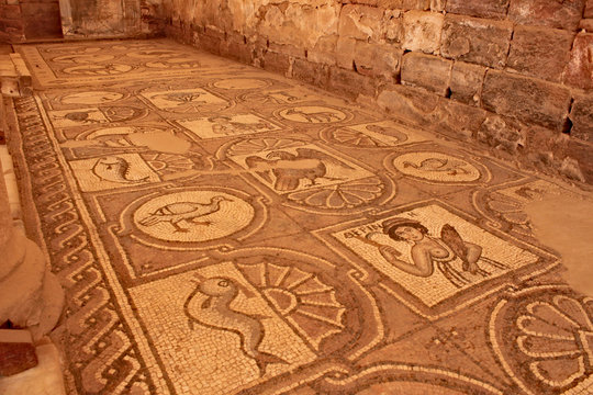 Ancient mosaic tile floor in great temple in Petra.