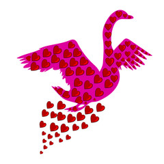 Abstract illustration, pink swan in hearts, on white background,