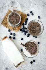 How to eat chia seeds. Dessert with yogurt, chia and blueberries on grey background top view