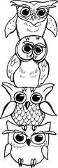 Illustration of a totem of owls. Owls on top of each other