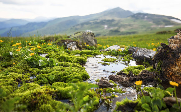Mountain spring water flowing with green moss vegetation and yellow flowers, alpine fresh clean water spring