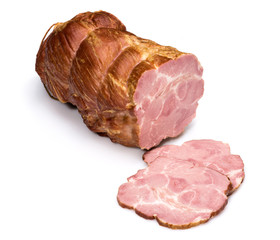 Piece of ham with slices on white background.