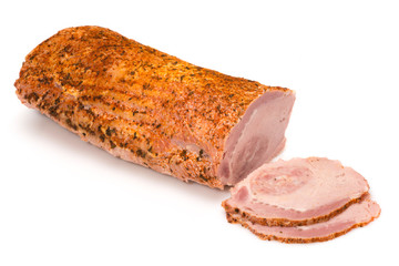 Partially sliced sausage on a white background