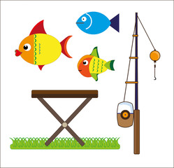 Fishing colored cartoon set on white background