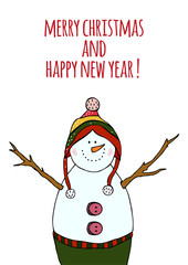Vector post cards with Christmas and new year illustration. Winter design with cartoon snowman. Xmas design