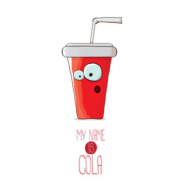 vector funny cartoon cute red party paper cola cup with straw isolated on white background.