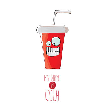 vector funny cartoon cute red party paper cola cup with straw isolated on white background.