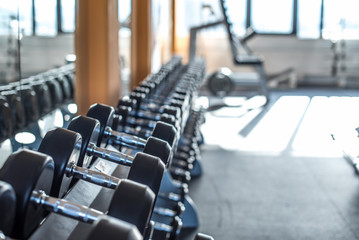 Row of dumbbells in gym