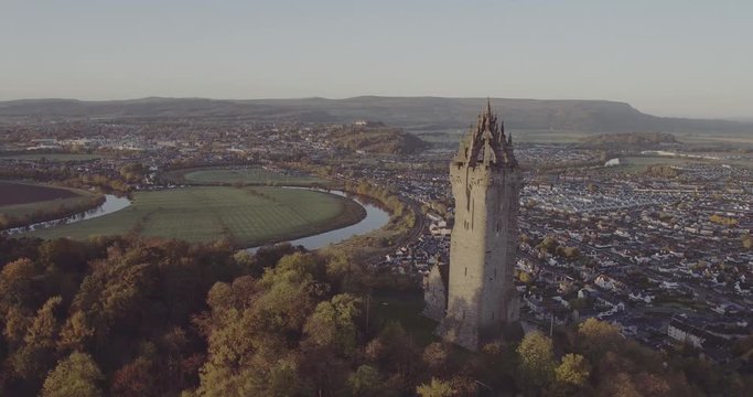 Stunning aerial shot of Wallace Monument at sunrise