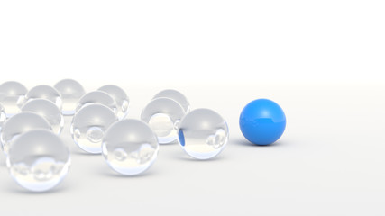 Leadership, success, and teamwork concept, blue leader ball leading glass balls. 3D Rendering.