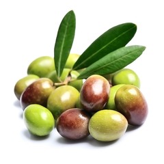 Harvest olive fruits closeup on white backgrounds.