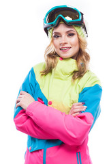 blonde girl in snowboard costume