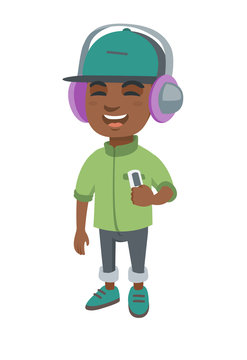 African-american boy enjoying music in headphones. Little boy in earphones listening to music with a music player. Vector sketch cartoon illustration isolated on white background.