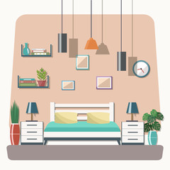 Bedroom interior. Flat design vector illustration.