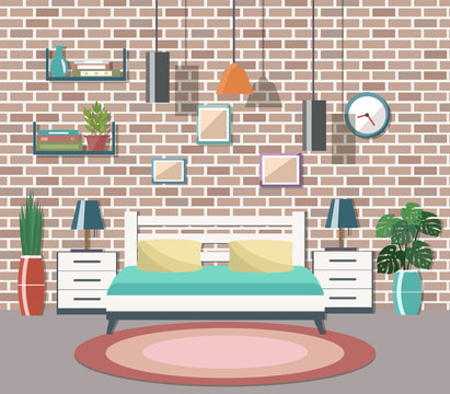 Bedroom interior. Flat design vector illustration.