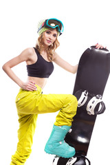 young woman in ski glasses and black short tank top