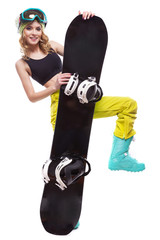 young pretty woman in black short tank top and ski glasses hold snowboard