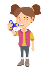 Caucasian little cheerful girl holding popular fidget spinner toy. Full length of happy smiling girl playing with fidget spinner. Vector sketch cartoon illustration isolated on white background.