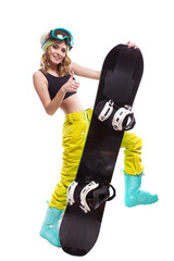 happy blonde slim woman with snowboard