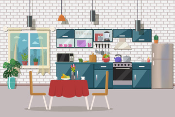 Kitchen interior  with table, stove, cupboard, dishes, appliance