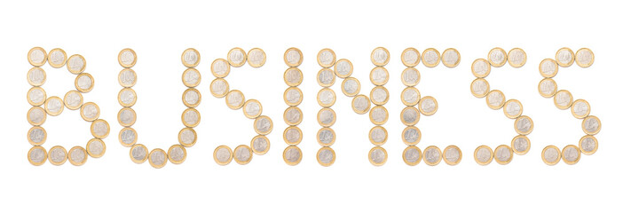 business word written with coins, the letters are made of one euro currency 