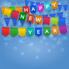 Festive colorful flags on blue bokeh background. Holiday, celebration party. Happy New Year greeting card. Vector illustration