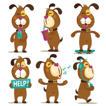 Collection of cute cartoon dogs. Puppy Everyday Activities Set.