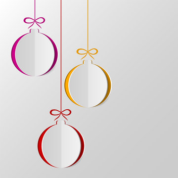 Christmas Balls Cut Out Of Paper. Template For Christmas And New Year Cards. Festive Background. Vector Illustration