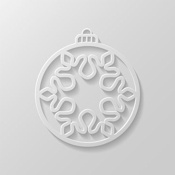 White Christmas ball with a snowflake cut out of paper. Decorative design element, holiday decoration for Christmas and New Year cards. Vector illustration