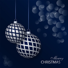 Greeting card with white Christmas balls. Holiday decorations. Festive background. Vector illustration