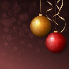 Red and golden Christmas balls with space for text on bokeh background. Holiday decoration for Christmas and New Year. Vector illustration