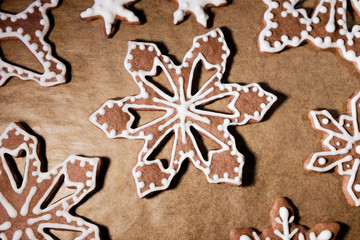 Gingerbread christmas cookies on wooden table.