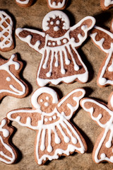 Gingerbread christmas cookies on wooden table.