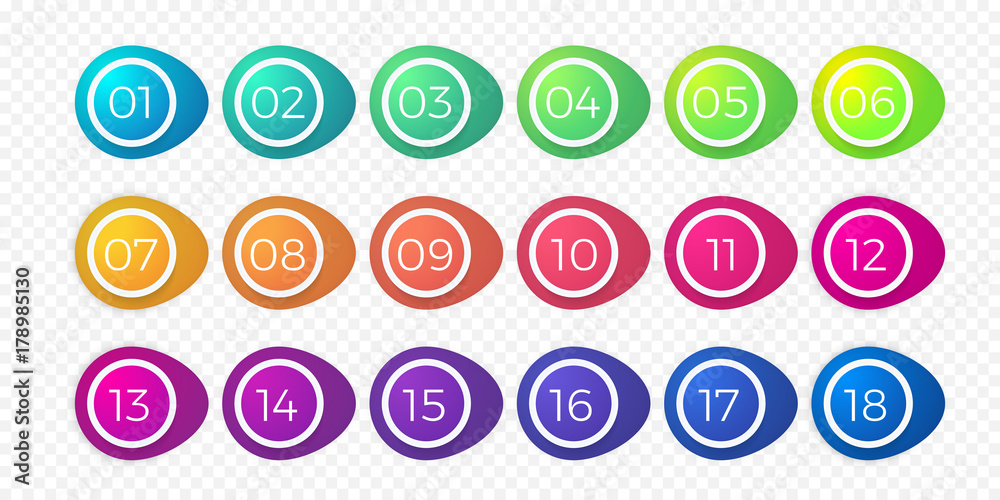 Aufkleber Number bullet point flat color gradient web icons set 1 to 18. Vector isolated step circle buttons or number bullet buttons of round white outline bubbles template on transparent background