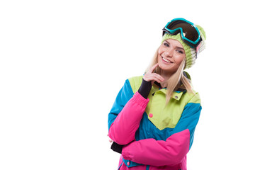 beautiful young blonde woman in colorful snow coat