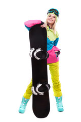 pretty young woman in ski outfit hold snowboard