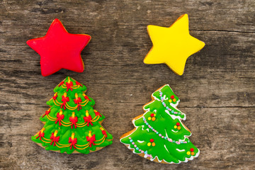 Festive tasty Christmas cookies on wooden table. Top view