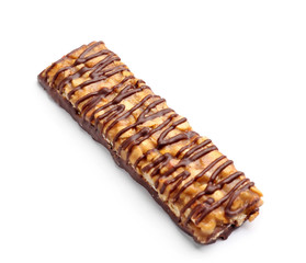 Healthy cereal bar with chocolate on white background