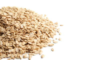 Raw oatmeal on white background