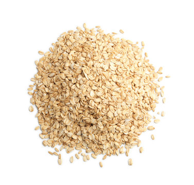 Raw oatmeal on white background