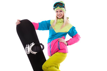 beautiful young woman in ski outfit and ski glasses hold snowboard