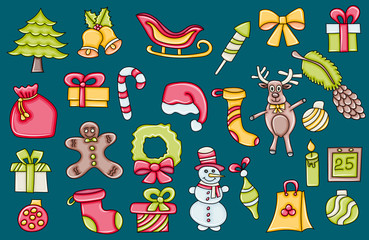 Christmas cartoon elements. Set of New Year celebration icons. Hand drawn doodle vector illustration. 
