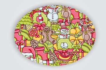 Christmas background with space for text. For a greeting card, flyer, or brochure. Hand drawn cartoon style doodle vector illustration.